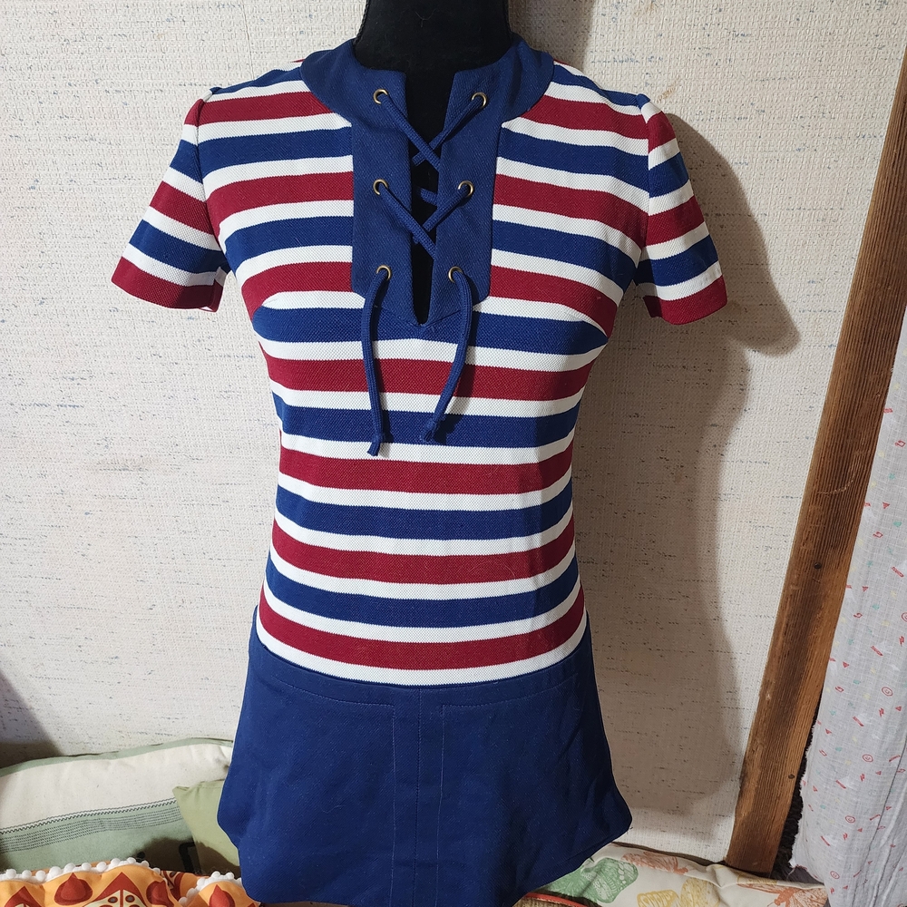 Vintage Jonathan Logan Mod Nautical Striped Sailor Mini Dress Red White Blue
